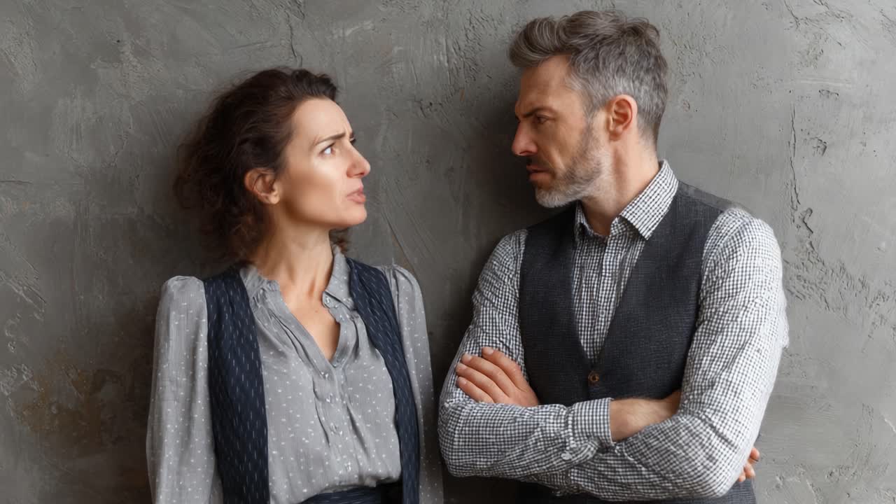 Una conversazione tesa: esplorazione del conflitto emotivo attraverso il linguaggio del corpo espressivo e le reazioni facciali tra due personaggi in un ambiente intimo