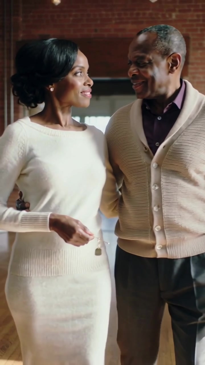 Vertical video: Entering right, couple walking in loft, woman holding key in cream dress, smiling
