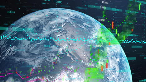 Animation-Mehrerer-Graphen-Mit-Wechselnden-Zahlen-über-Einem-Globus-Vor-Dem-Weltraum-Im-Hintergrund