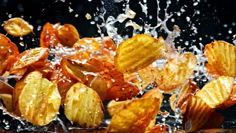 a close up of a pile of potato chips with water droplets falling on them. concept of indulgence and relaxation, as the chips are being enjoyed in a casual setting