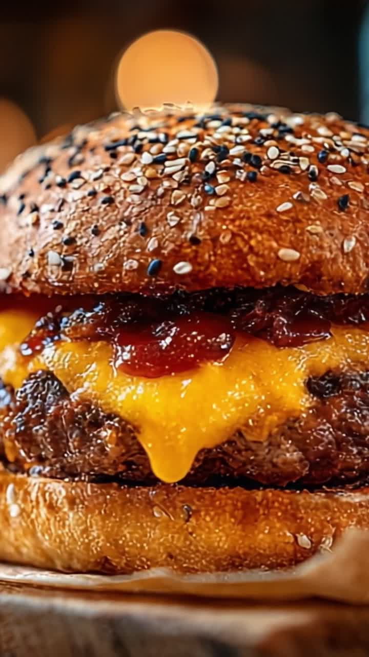 Un hamburger deliziosamente succoso avvolto in un panino tostato ai semi di sesamo con formaggio fuso e ketchup saporito, circondato da patatine fritte croccanti