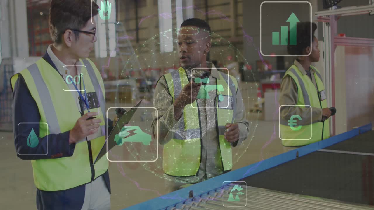 Animation of icons and financial data processing over diverse people working in warehouse