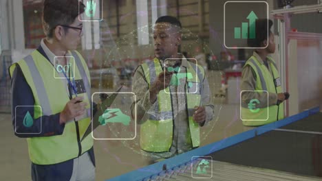 animation of icons and financial data processing over diverse people working in warehouse