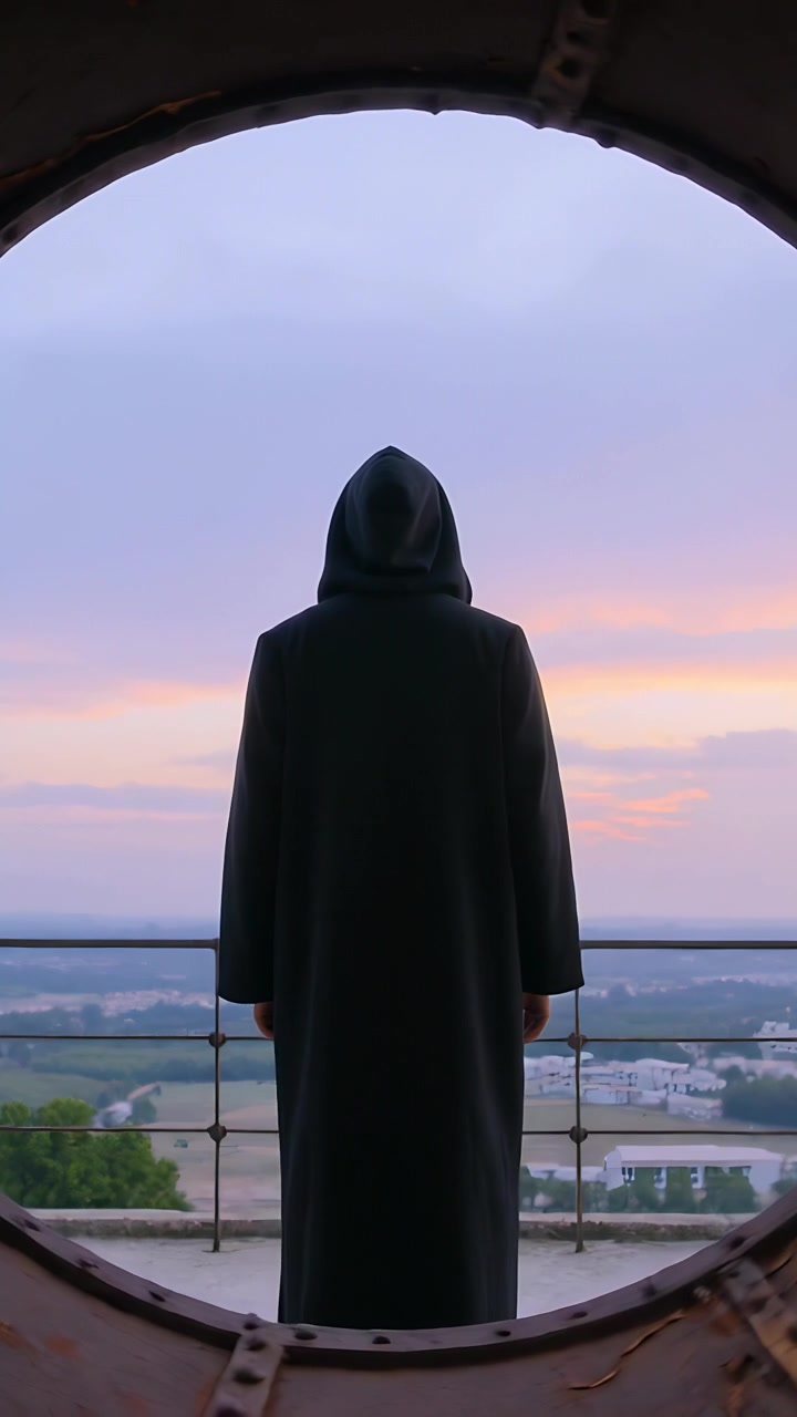 Vertical video: Gazing hooded figure watching horizon at sunrise at tower railing, metal porthole