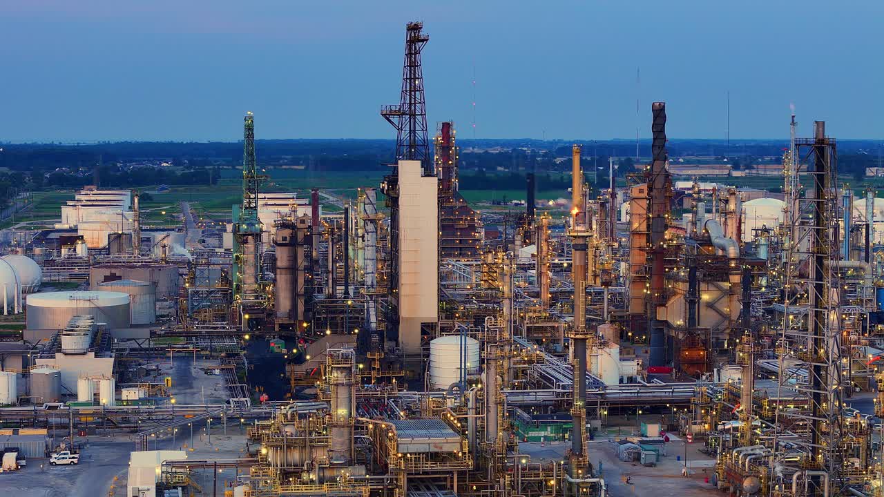 Dense network of pipes and refinery towers at Cenovus Toledo Refinery during evening in drone view