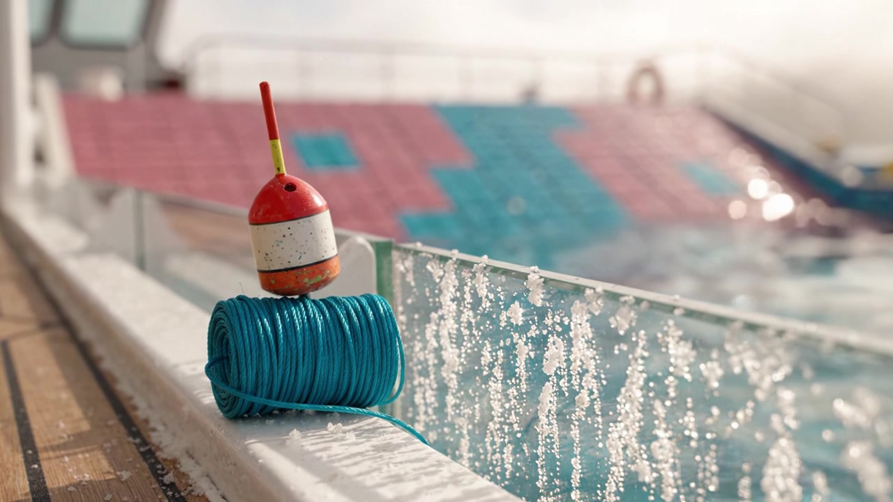 Uma Boia de Pesca Vibrante e Corda Enrolada Descansando na Borda de uma Piscina Cintilante, Refletindo a Luz do Sol e Criando uma Atmosfera Tranquila de Relaxamento e Lazer