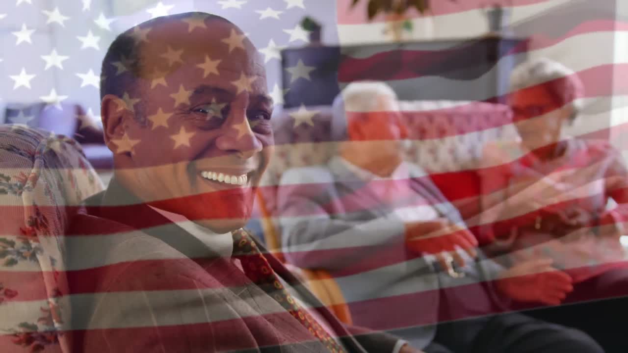 미소 짓는 고령자들과 다양한 사람들 위에 있는 미국 국기의 애니메이션