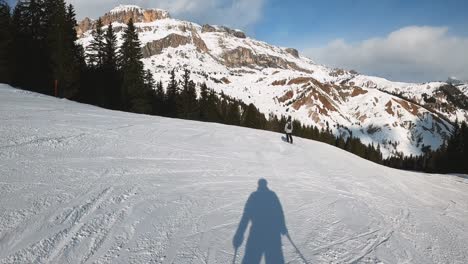 fpv pov of alpine skiing in dolomites, italy