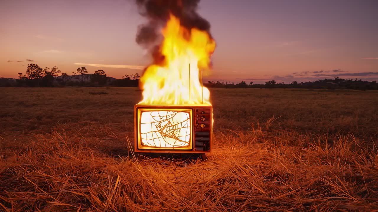 Brilho interno intensificando-se, TV CRT com tela rachada emitindo chamas, fumaça sobre restolho ao pôr do sol.
