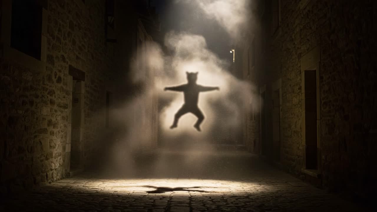 A Mysterious Shadow of a Leaping Bear in an Enchanted Alleyway Illuminated by Soft Light and Surrounded by Evocative Mist and Atmosphere