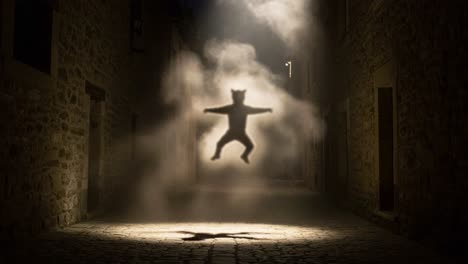 a mysterious shadow of a leaping bear in an enchanted alleyway illuminated by soft light and surrounded by evocative mist and atmosphere