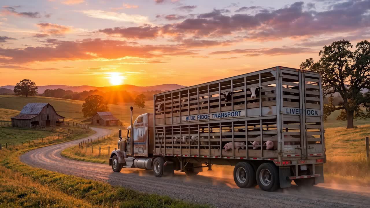 Kvægtransport på landevej ved solnedgang