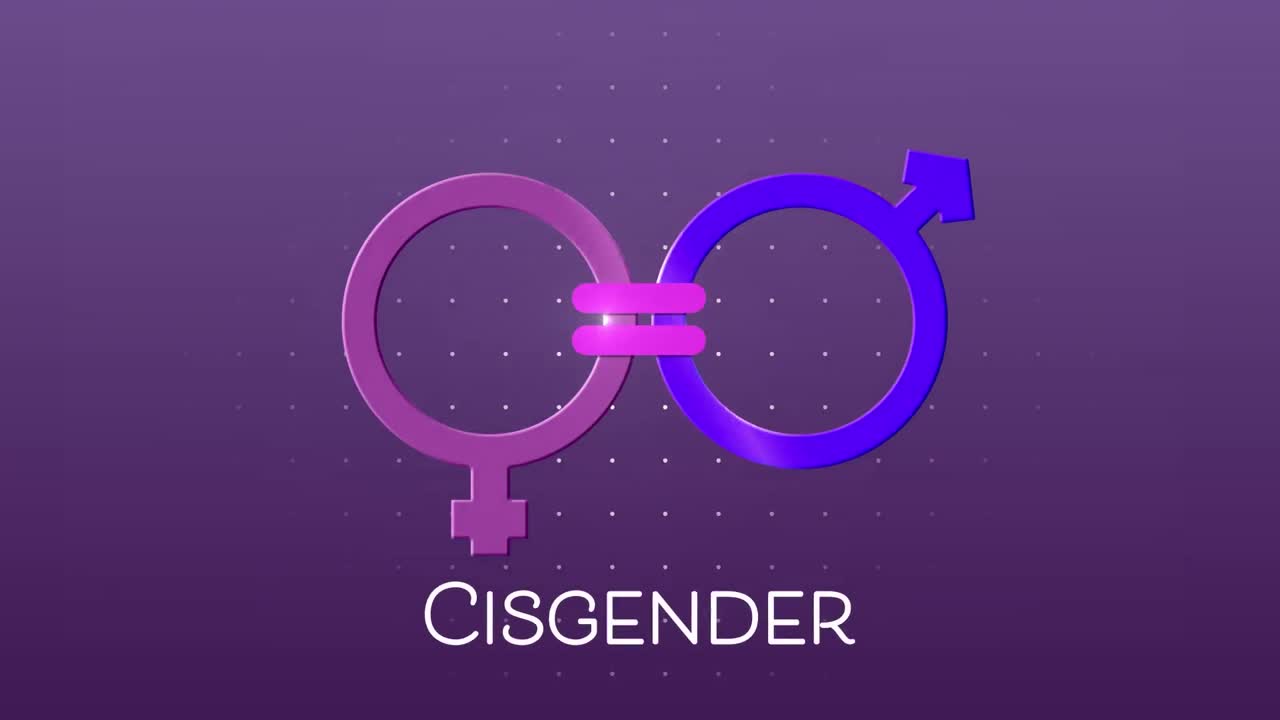 animación de texto cisgénero con símbolos de género masculino y femenino unidos por un signo de igualdad, en púrpura