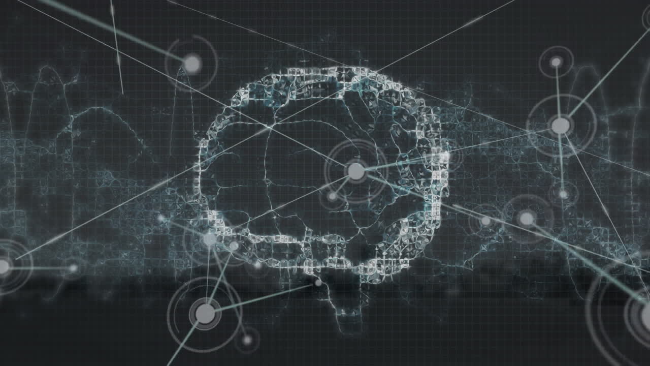 Animation of human digital brain and connected dots over black background