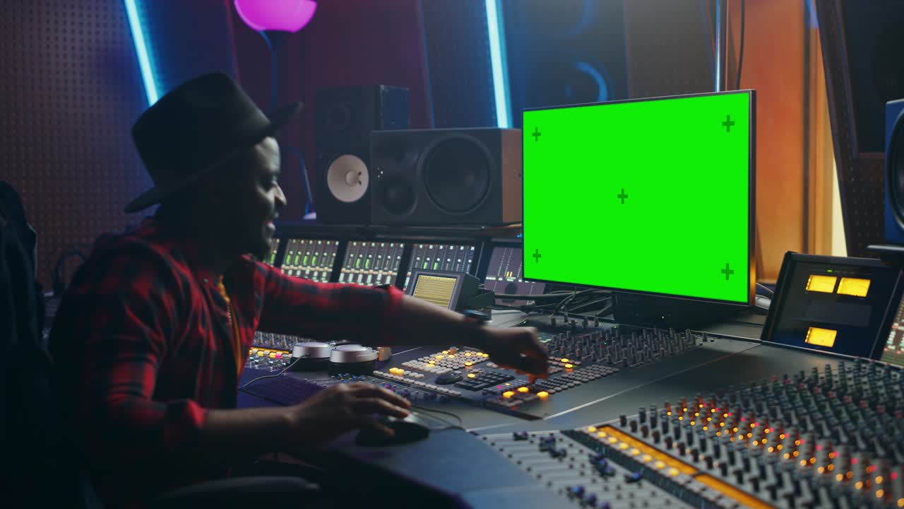 Ritratto di elegante ingegnere del suono / produttore che lavora in uno studio di registrazione musicale, utilizza un computer con schermo verde, un mixer, un banco di controllo per creare una nuova canzone. Artista nero creativo balla mentre è seduto
