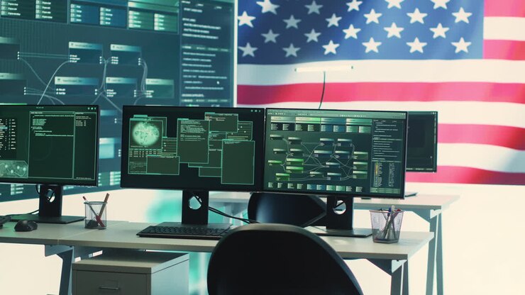 Højteknologisk statsligt cyberoperationscenter med USA flag
