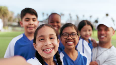 Group,-soccer-and-children-with-selfie-for-sports