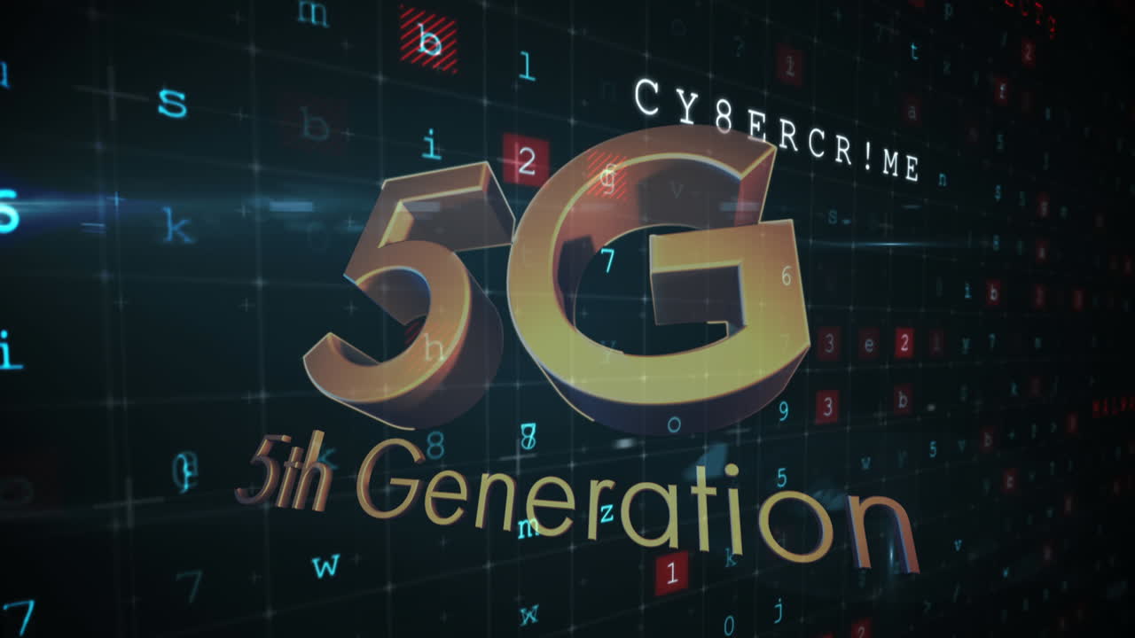 animación de texto de 5g 5a generación sobre texto de advertencia de ataque cibernético en segundo plano