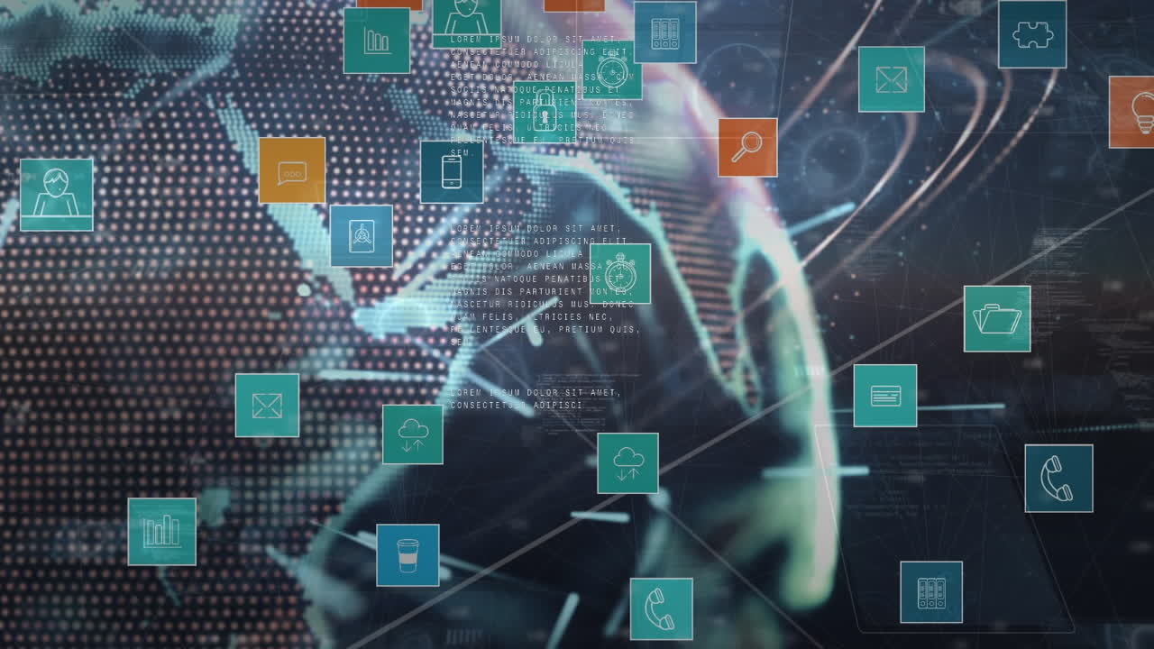 animación de iconos sobre el procesamiento de datos y el globo
