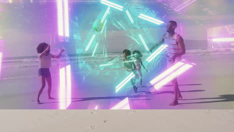 playing on beach, people with colorful geometric animation overlay in background