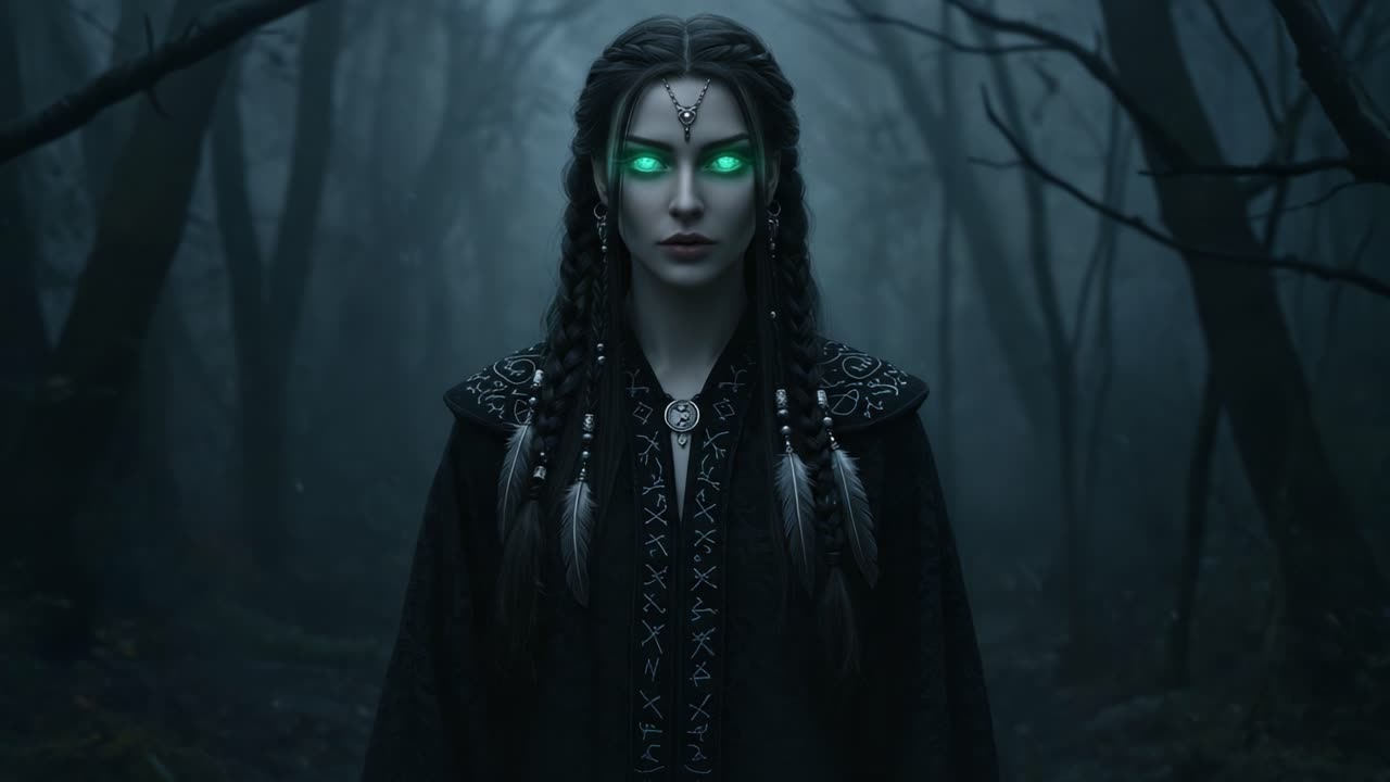 A Mysterious Enchantress with Glowing Green Eyes Stands in a Dark Forest, Emitting an Aura of Magic and Intrigue, Surrounded by Shadows and Enigmatic Atmosphere