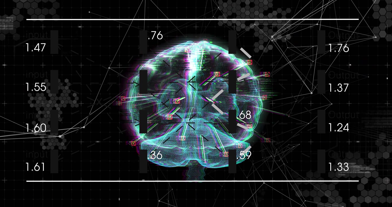 On interface load glowing 3D brain model rotating showing neural activity metrics for visualization