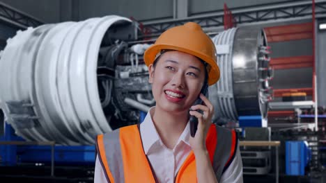 close up of asian female engineer with safety helmet talking on smartphone while standing with airplane engine maintenance conducted