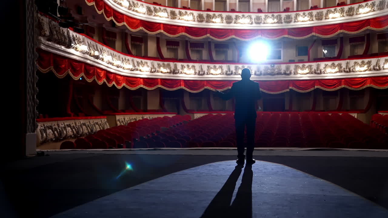Dark silhouette of a host in front of empty auditorium. Back view of a speaker performing on stage on the background of beautiful hall without people. Quarantine.