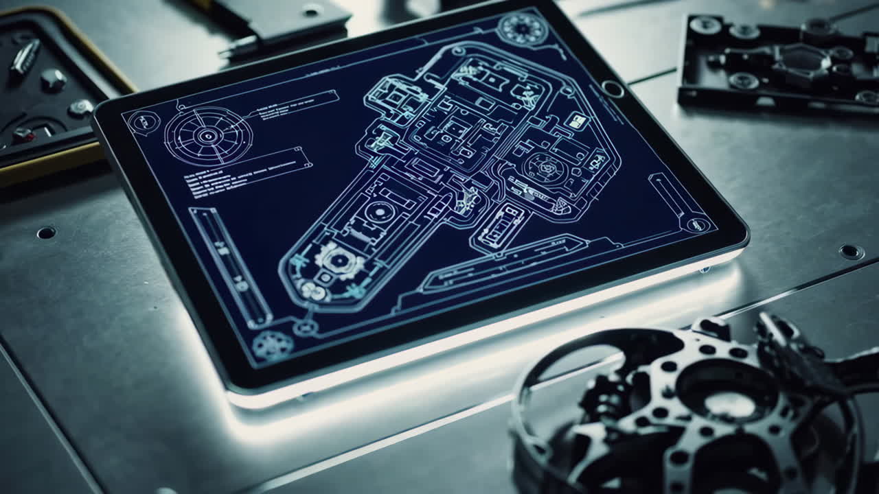 Digital Blueprint on Tablet in a Workshop