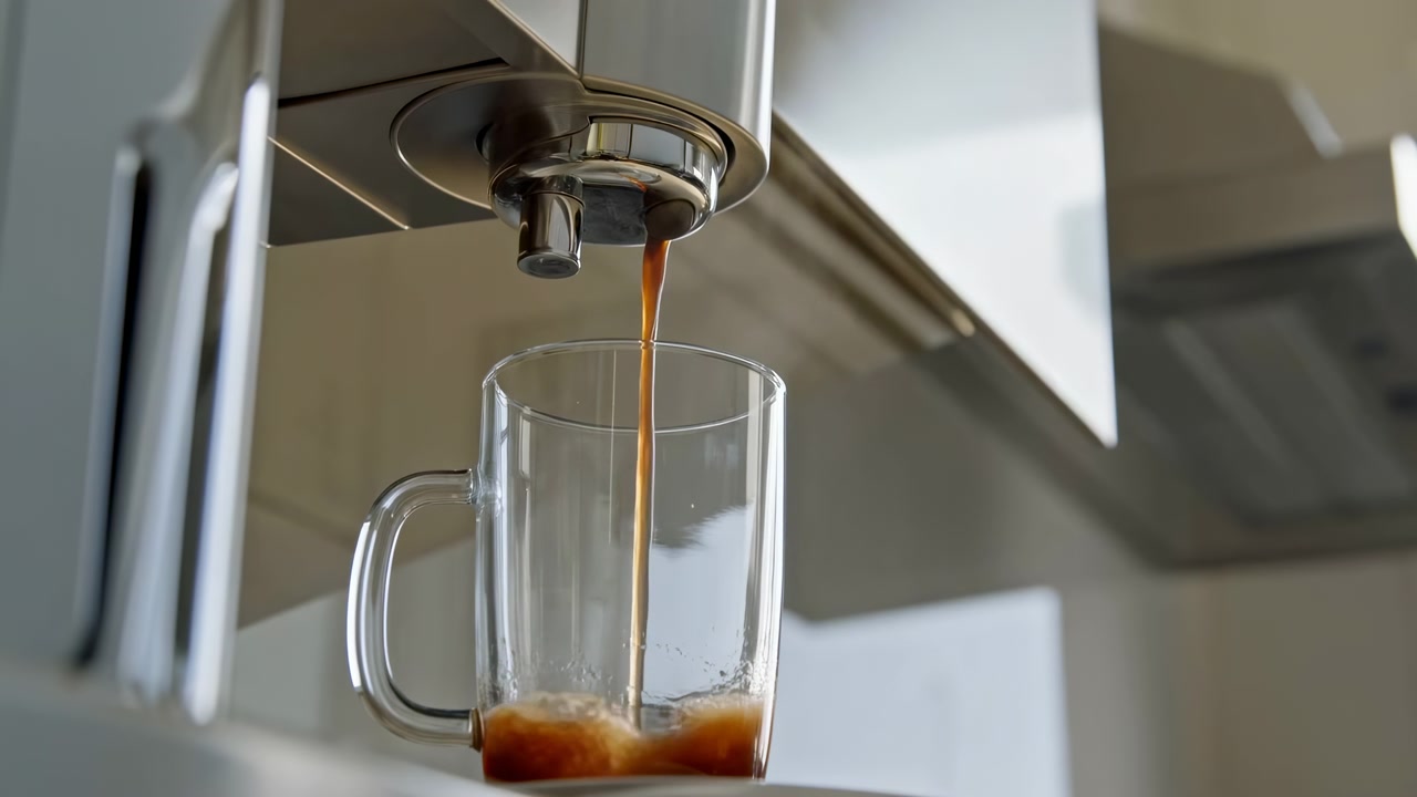 Una macchina da caffè espresso professionale versa una tazza di caffè espresso fresco in una tazza di vetro, ambientata su uno sfondo di cucina moderna con un'atmosfera pulita e professionale. Il primo piano, leggermente rialzato.