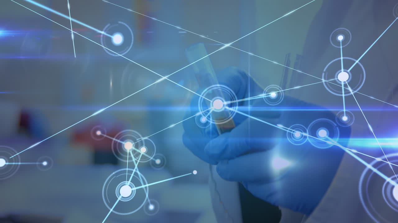 보호 장갑을 입은 손으로 실험실  ⁇ 플을 들고 있는 연결 네트워크의 애니메이션