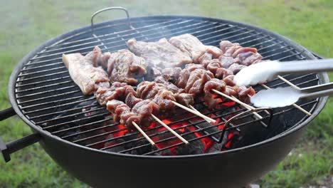 cocinar una selección de carne en una barbacoa de carbón