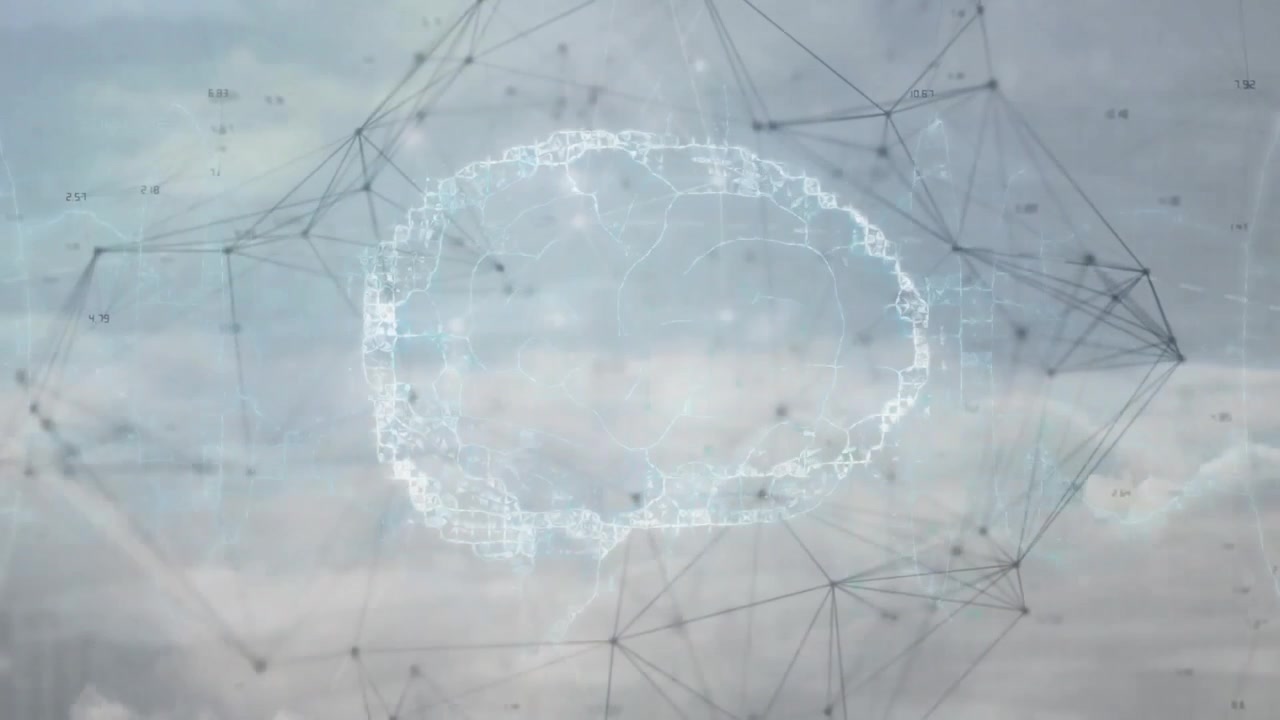 Animazione di punti connessi, cervello digitale umano e linguaggio informatico, vista aerea di nuvole dense.