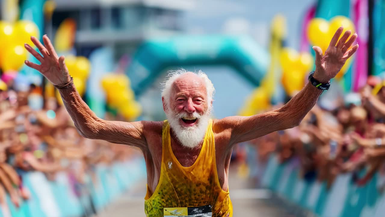Un finale gioioso: celebrare la vita e i successi al termine di una maratona, dove un runner anziano taglia con gioia il traguardo a braccia aperte, circondato da fan che lo supportano