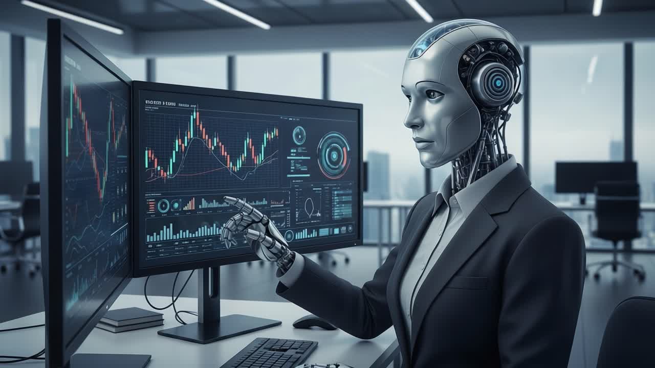 A Futuristic Business Environment Featuring an Advanced Robot Analyst Engaging with Market Data and Visualizations on Multiple Computer Screens in a Modern Office Space