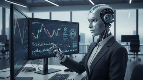 a futuristic business environment featuring an advanced robot analyst engaging with market data and visualizations on multiple computer screens in a modern office space