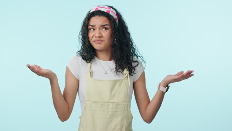 face, choice and confused woman shrug in studio