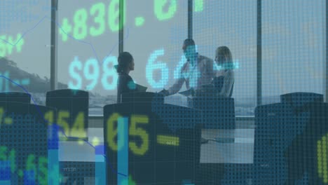 animation of financial data processing over diverse business people talking