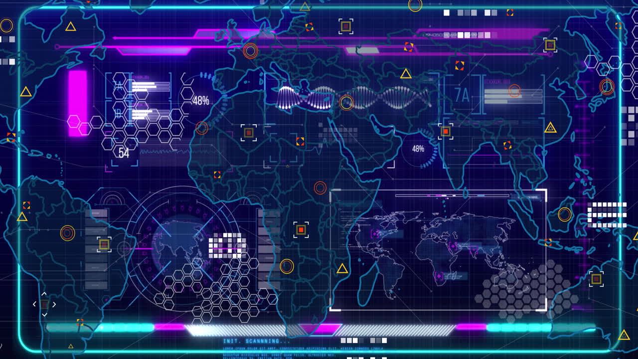 In school, child learning animation with futuristic digital map and data visualization