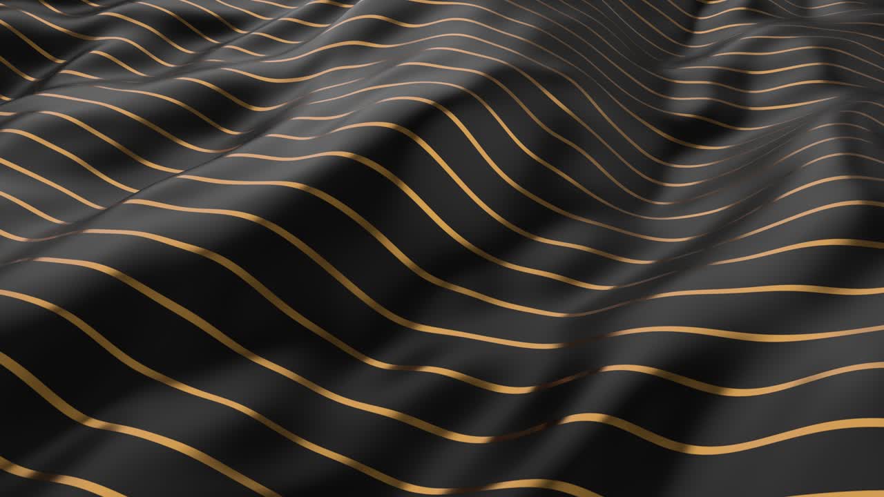 Abstract smooth surface with ripples. Cloth with waves. Gold metal lines pattern on black canvas. Fashion luxury textile. For advertising, poster, branding, web. 3D animation of seamless loop. 4K UHD