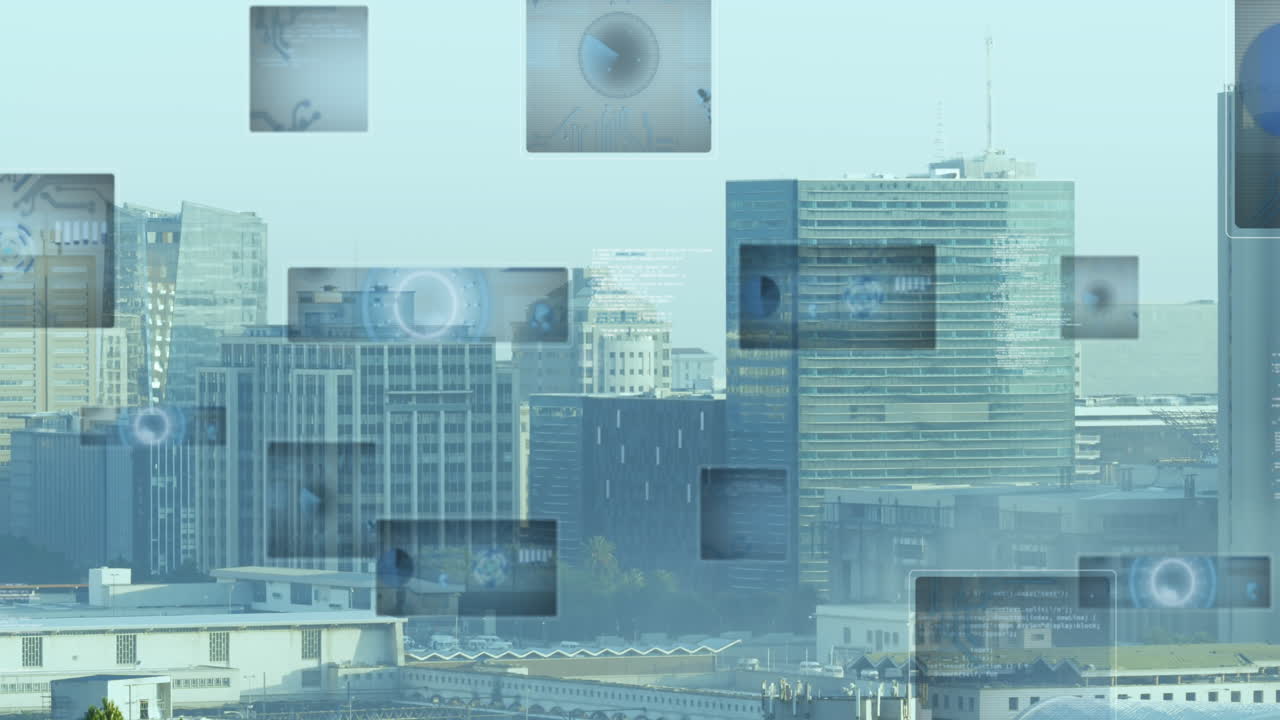 도시 풍경 위의 데이터 처리 및 범위 스캐닝의 애니메이션
