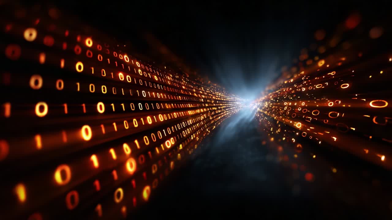 A mesmerizing view of a digital tunnel made up of flowing binary code that extends into the distance, capturing the essence of data movement and the dynamic nature of information technology