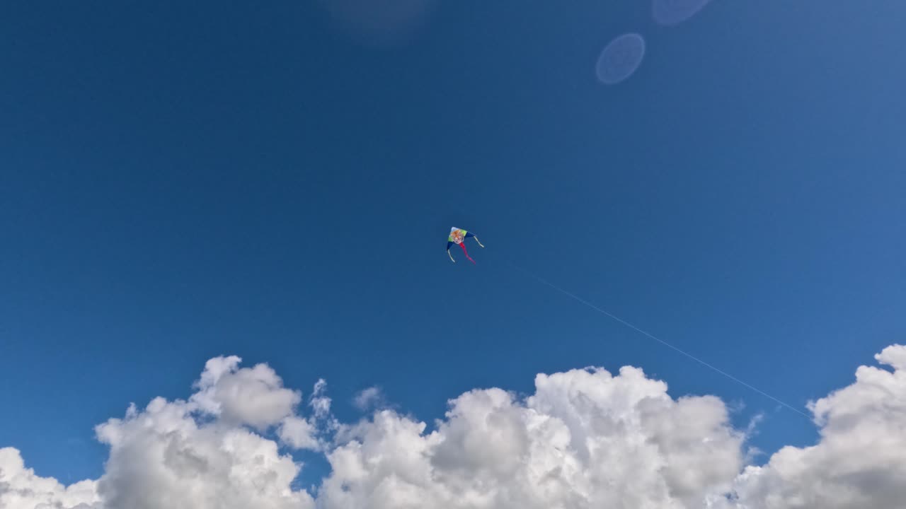 Niños y adultos pasan tiempo al aire libre en un día soleado, volando cometas de colores contra un cielo azul claro. Se ríen y disfrutan del aire libre.