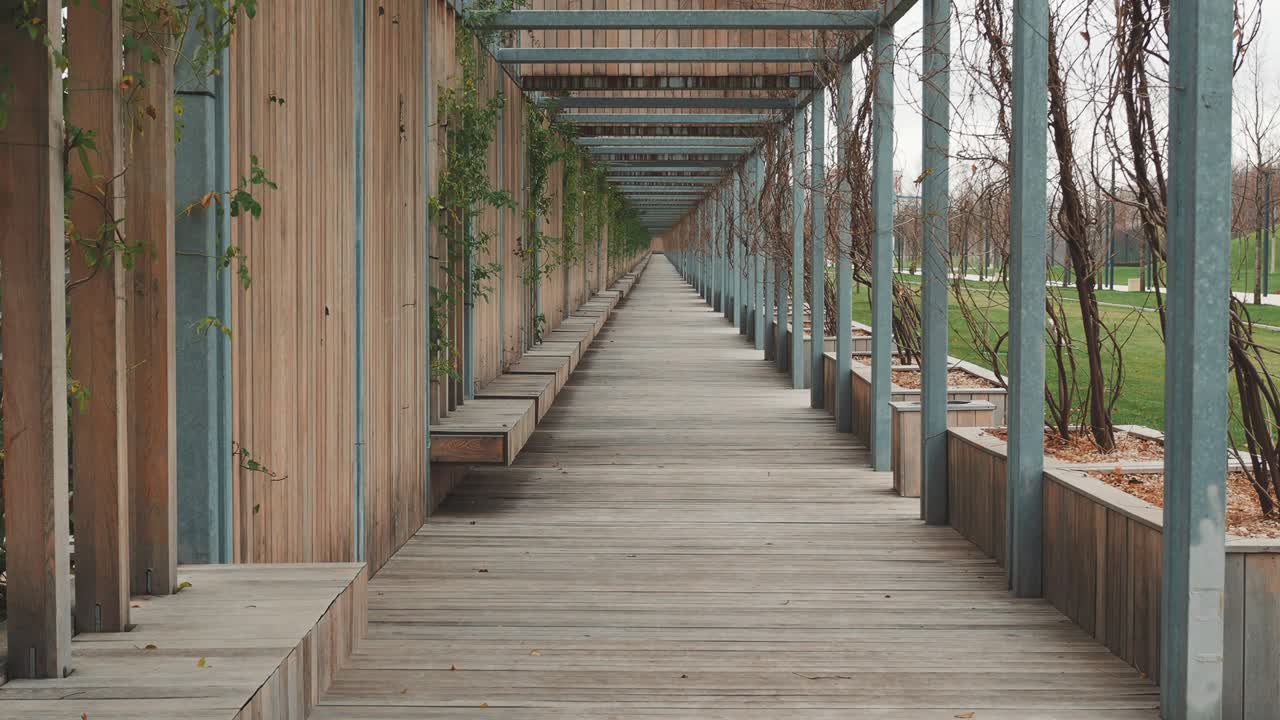 공원의 목조 복도를 따라 1인칭으로 앞으로 움직입니다.