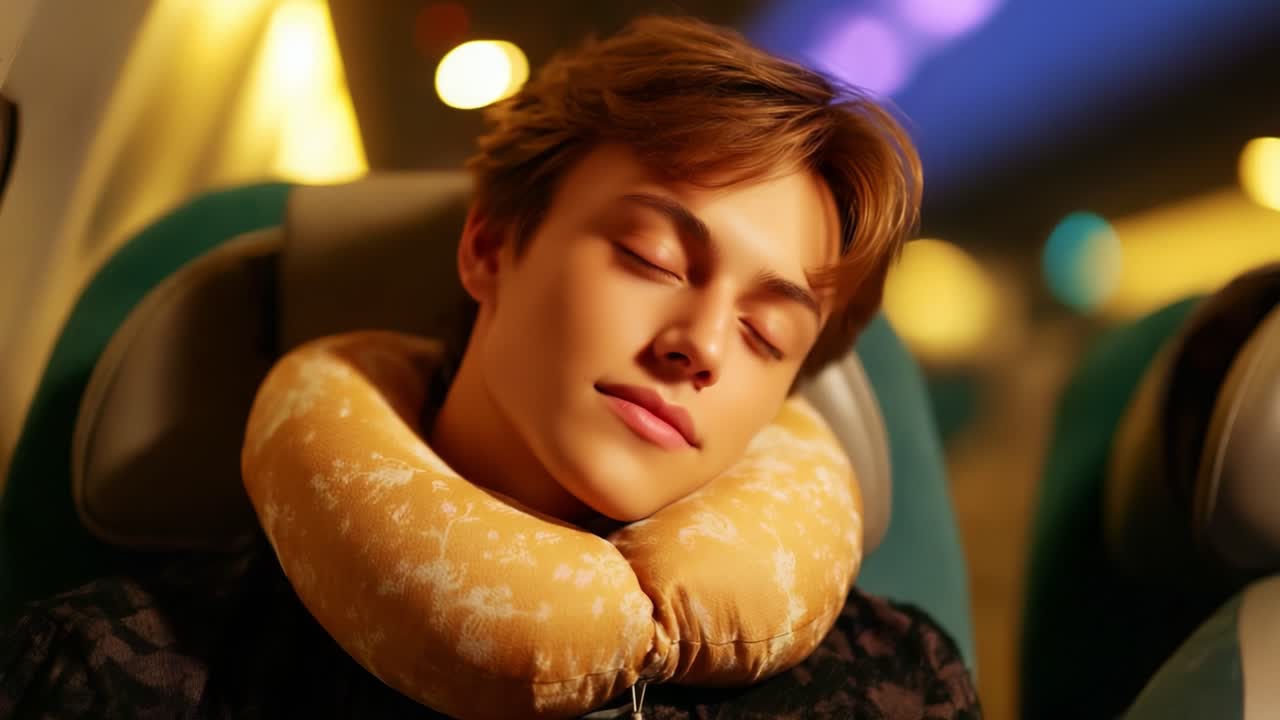 A Peaceful Traveler Enjoying a Restful Nap While Wearing a Comfortable Travel Neck Pillow on a Plane Amidst Soft Ambient Lighting, Capturing the Relaxation and Tranquility of Air Travel