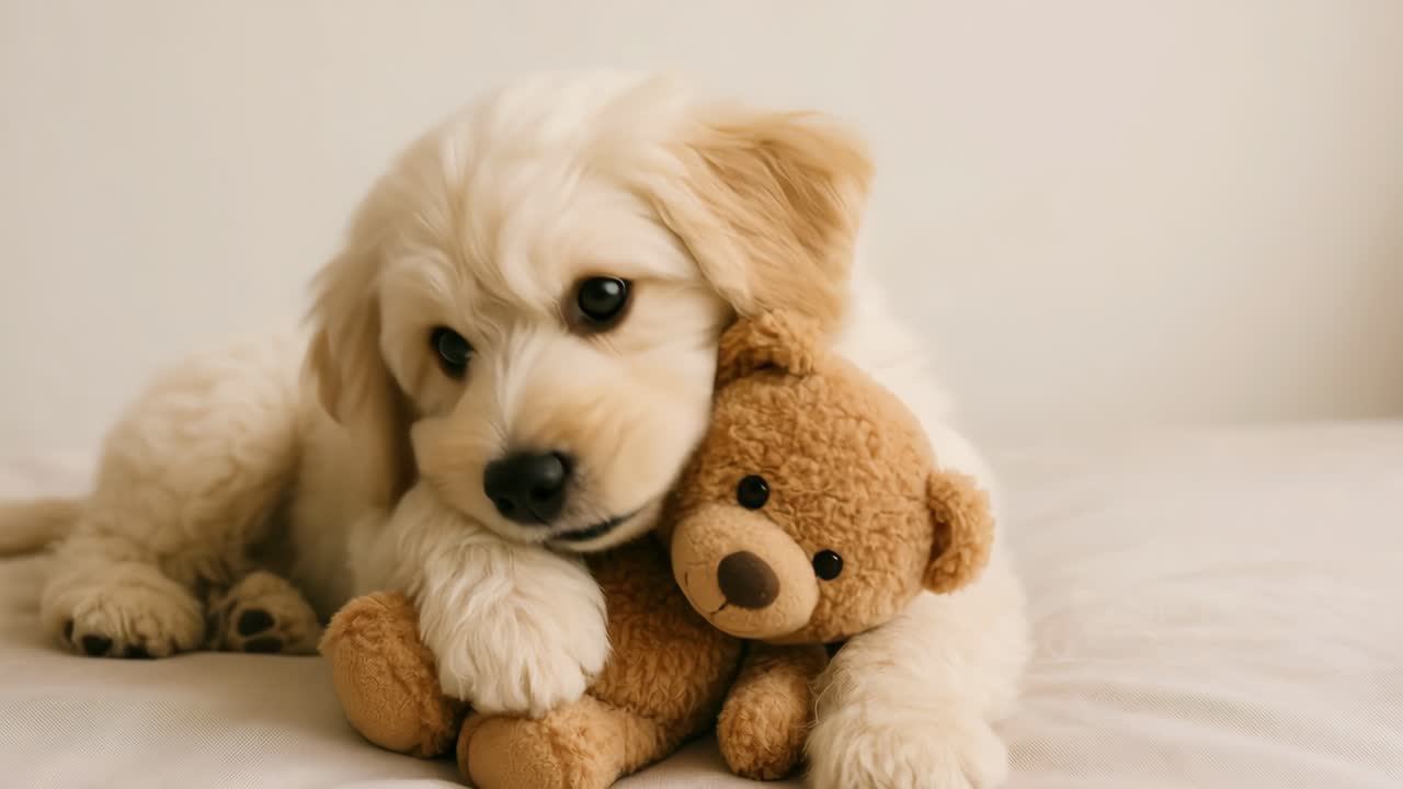 A cozy, heartwarming scene of a fluffy puppy cuddling a teddy bear
