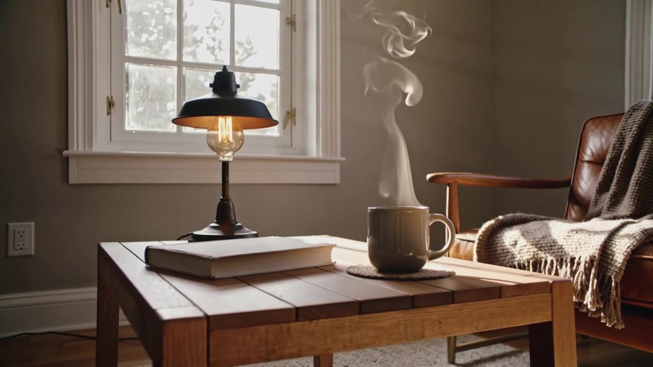 Panning steaming ceramic mug emitting rising steam column in home reading nook, with lamp and book