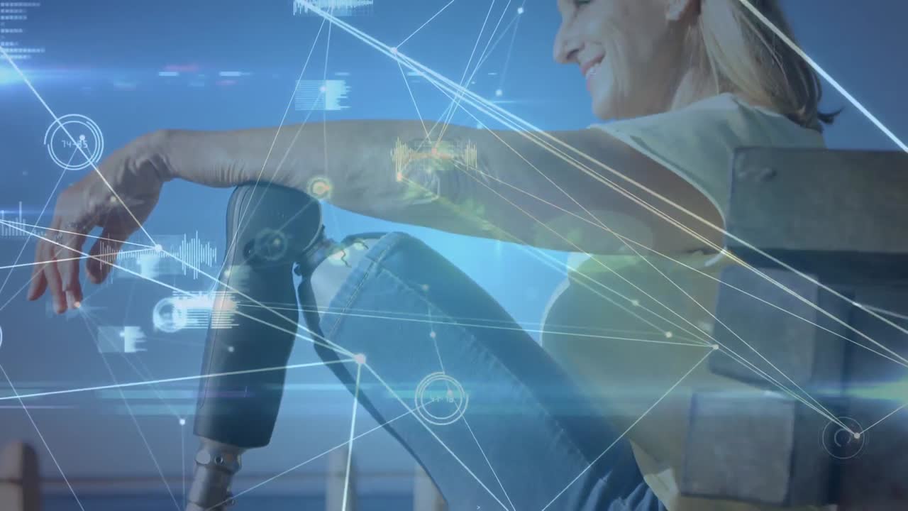 데이터 처리의 애니메이션은 배경에 의족을 가진 여성과 함께