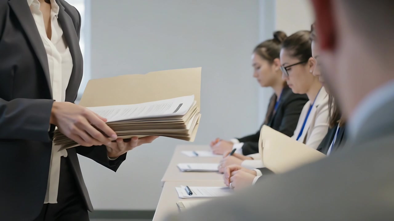 Inizio riunione, donna in blazer e camicetta che consegna cartelle manila al tavolo, team che legge, spazio per il testo.