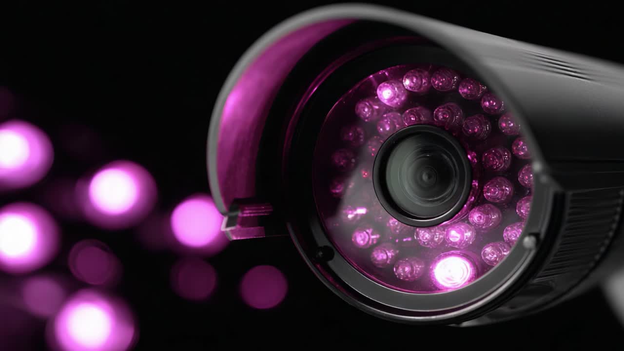 Close-Up of a High-Tech Surveillance Camera with Pink LED Lighting in a Dark Environment, Focusing on the Lens and Infrared Capabilities for Enhanced Night Vision